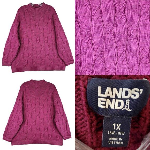 Lands End Sweater Women’s Plus Size 1X Fushia Pullover V Neck Cable Knit Wool - Picture 1 of 8